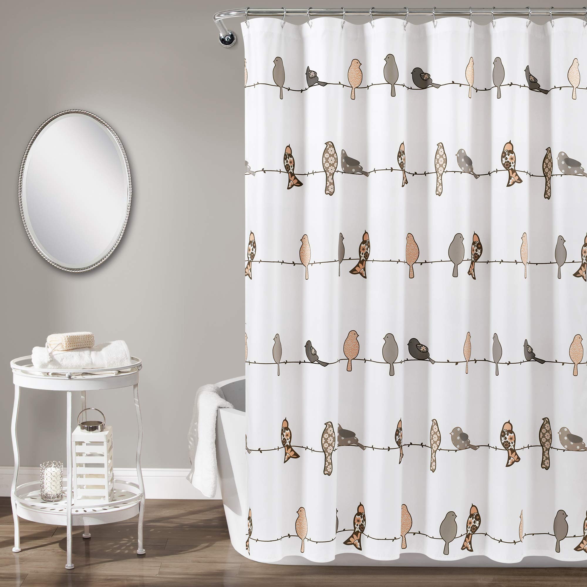 Lush Decor Rowley Birds Shower Curtain, 72    W X 72    L, Blush & Gray - Colorful Floral Bird Pattern - Whimsical & Playful Bir