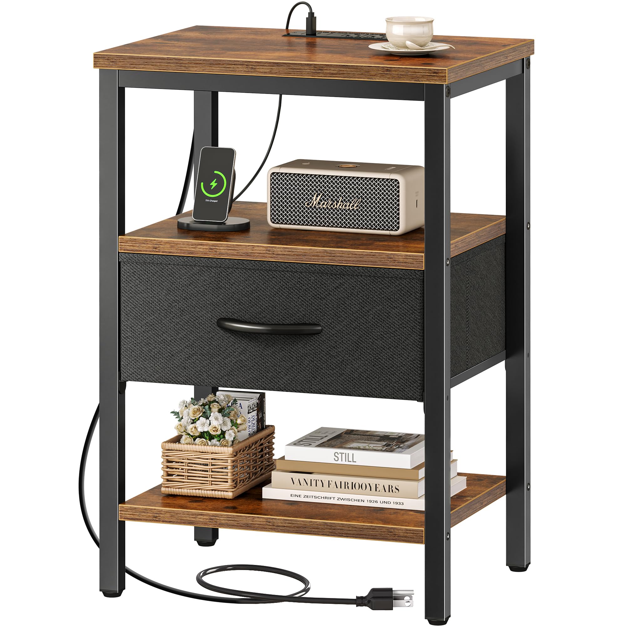 SUPERJARE Nightstand Set of 2, Bed Side Tables with Charging Station, Adjustable Fabric Drawer, Night Stand for Bedroom, 3-Tier 