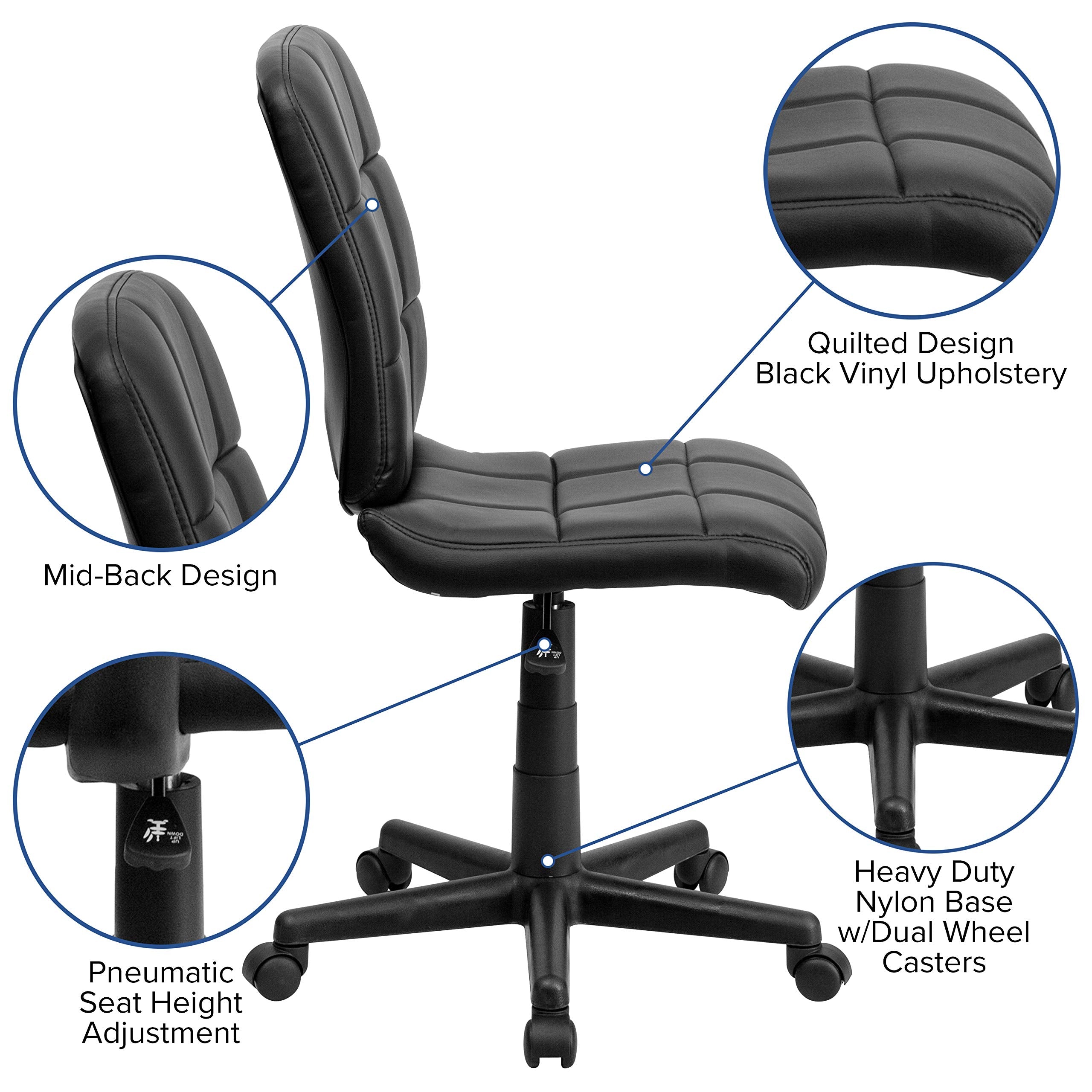 Flash Furniture Clayton Mid-Back Tufted Vinyl Upholstered Swivel Desk Chair with Padded Seat, Modern Adjustable Height Padded Office Chair, Black