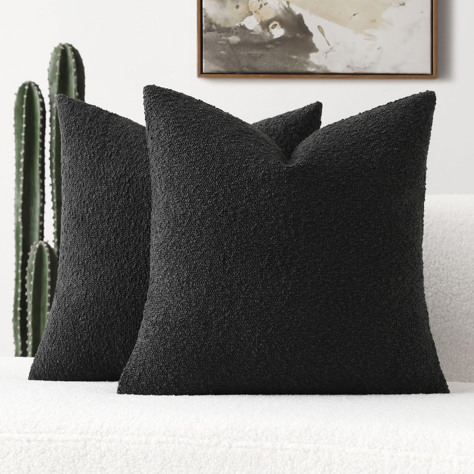 Futei Pack Of 2 Black Boucle Accent Decorative Throw Pillow Covers,24X24 Inch Soft Solid Textured Euro Pillow Shams,Home Decor F