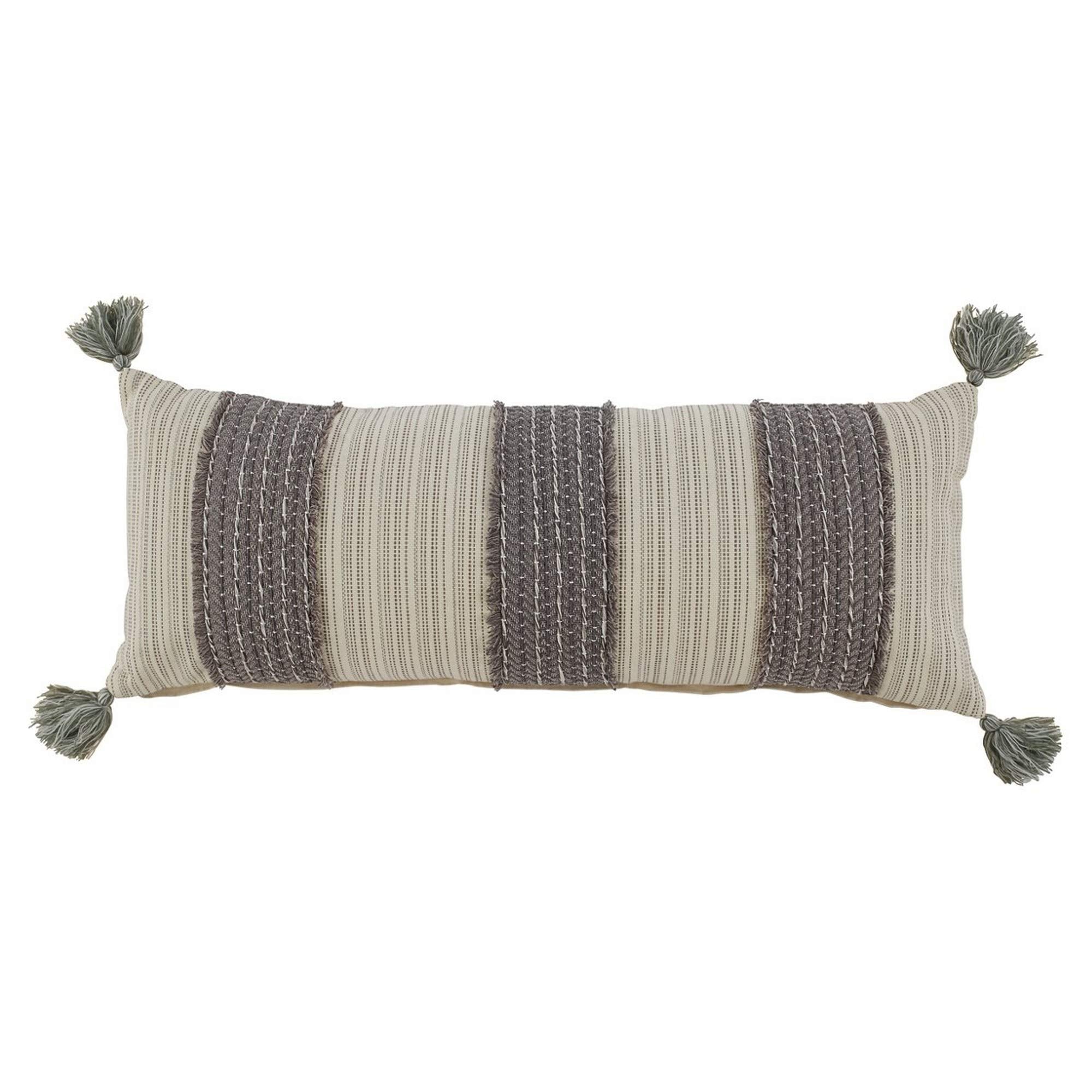 Benjara 36 x 14 Cotton Accent Pillow with Trimmed Fringe Details, Set of 4, Gray and Cream