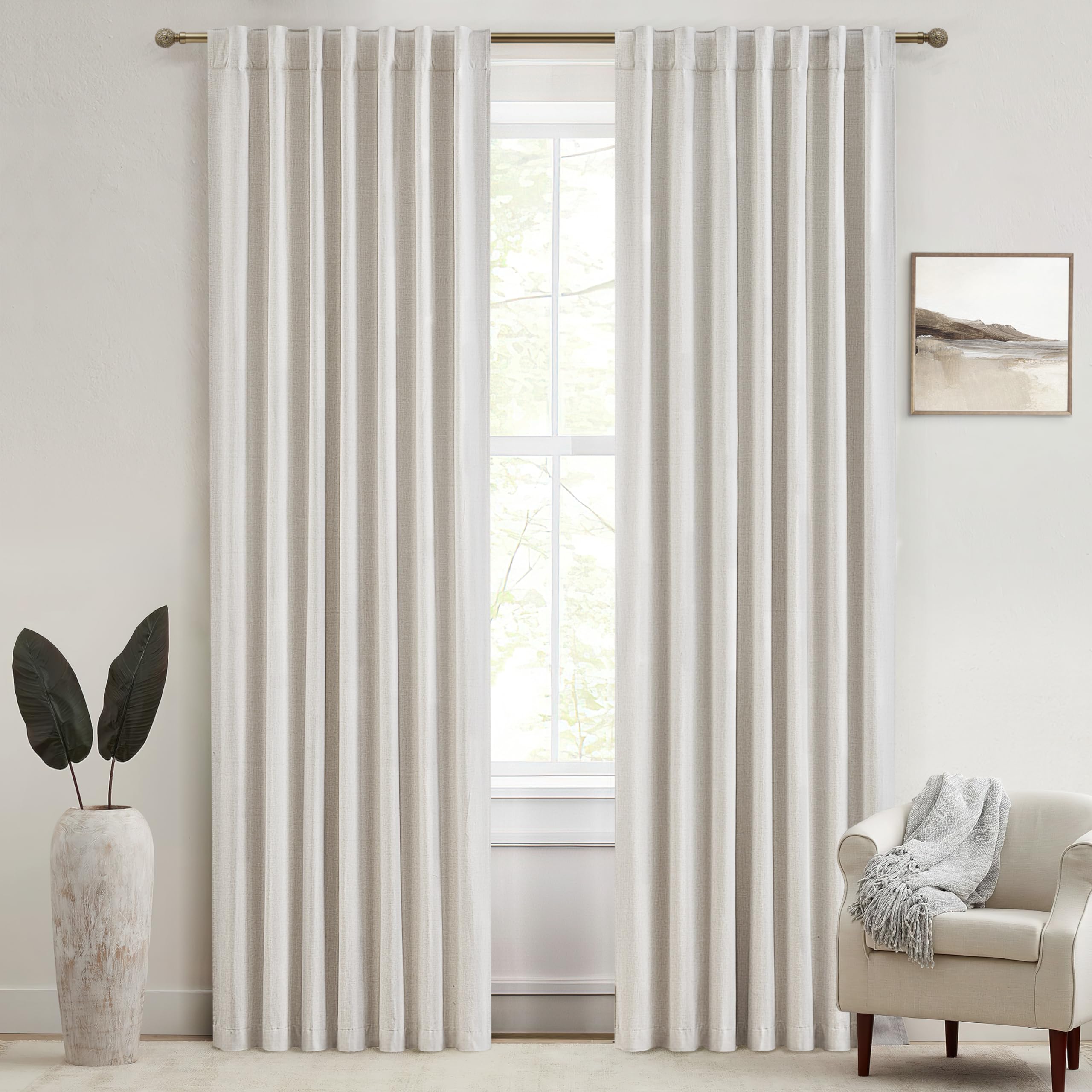 QJmydeco 80 Inch Long Linen Blackout Curtains, 2 Panels Set for 76-80 inch Window Drapes Back Tab Pleated Boho Room Darkening Th