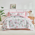 Flower Comforter Set With Sheet Set White Botanical Bed In A Bag Queen Size Light Pink Orange Floral Green Leaves Super Cute Sof