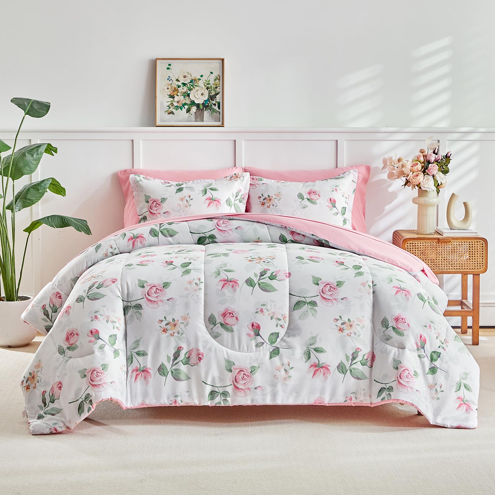 Flower Comforter Set With Sheet Set White Botanical Bed In A Bag Queen Size Light Pink Orange Floral Green Leaves Super Cute Sof
