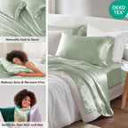 Madison Park Essentials Satin Sheets Twin Size, Luxurious Silky Satin Bed Sheets, Elastic 14' Pocket Fits Up To 16' Mattress, Wrinkle-Free, Soft Satin Bed Sheet Set, Sage 4 Piece