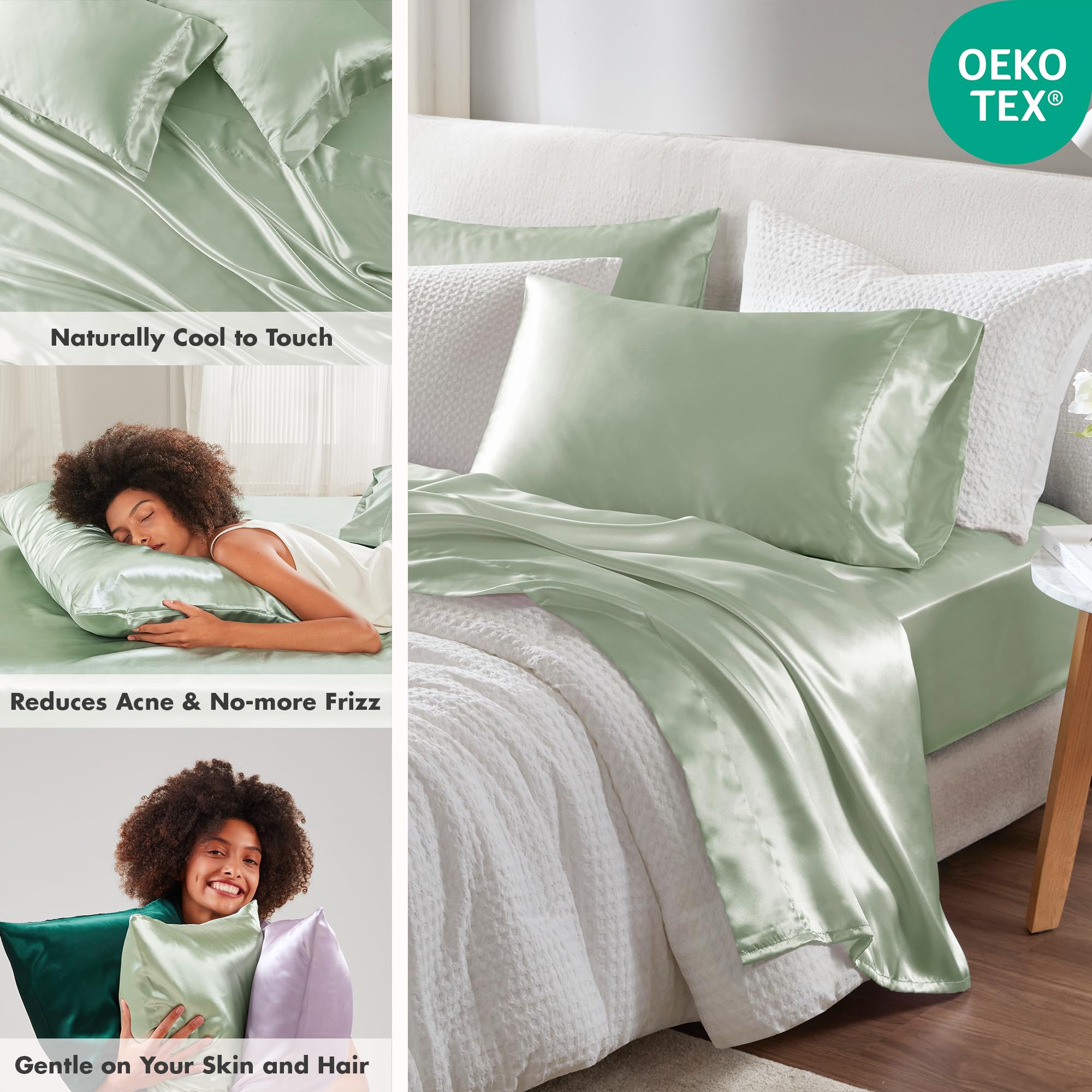 Madison Park Essentials Satin Sheets Twin Size, Luxurious Silky Satin Bed Sheets, Elastic 14' Pocket Fits Up To 16' Mattress, Wrinkle-Free, Soft Satin Bed Sheet Set, Sage 4 Piece