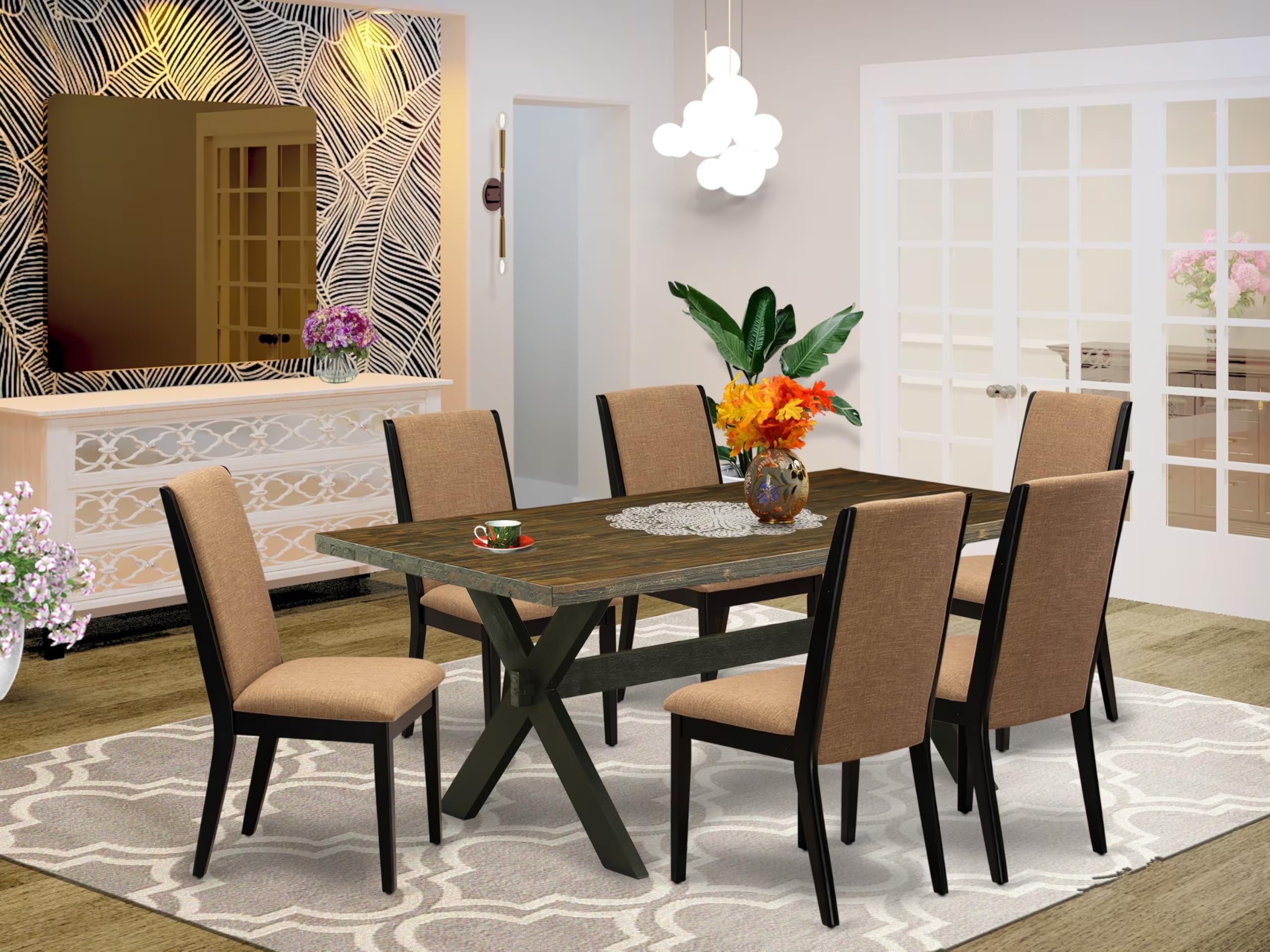 East West Furniture X677La147-7 7 Piece Dining Table Set Consist Of A Rectangle Kitchen Table With X-Legs And 6 Light Sable Linen Fabric Upholstered Chairs, 40X72 Inch, Multi-Color