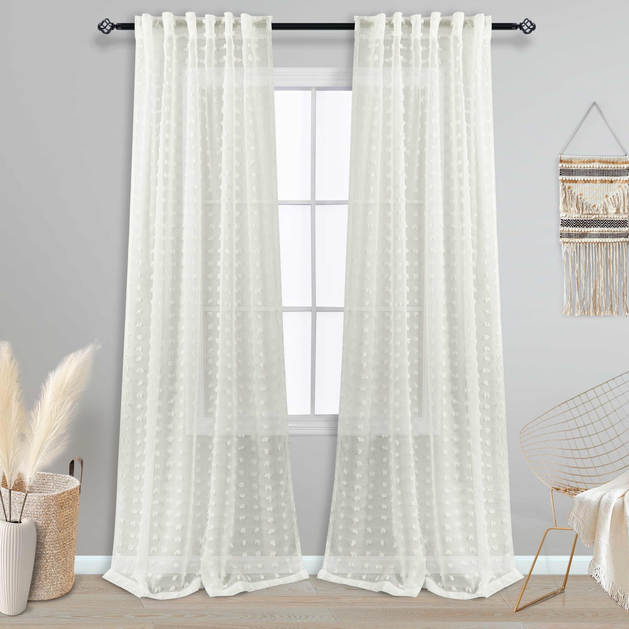 Cream Boho Sheer Curtains Drapes For Living Room 90 Inch Length 2 Panels Set Country Shabby Chic Rod Pocket Semi Sheer Window Treatments Farmhouse Curtains For Bedroom 90 Inches Long,Off White Ivory