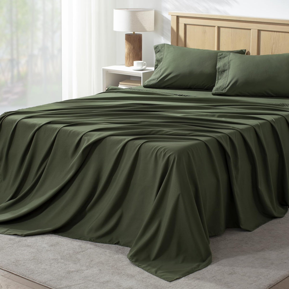 Andency California King Sheet Sets 4 Pieces, Dark Olive Green Super Soft Sheets For Cal King Size Bed, Microfiber Deep Pocket Up