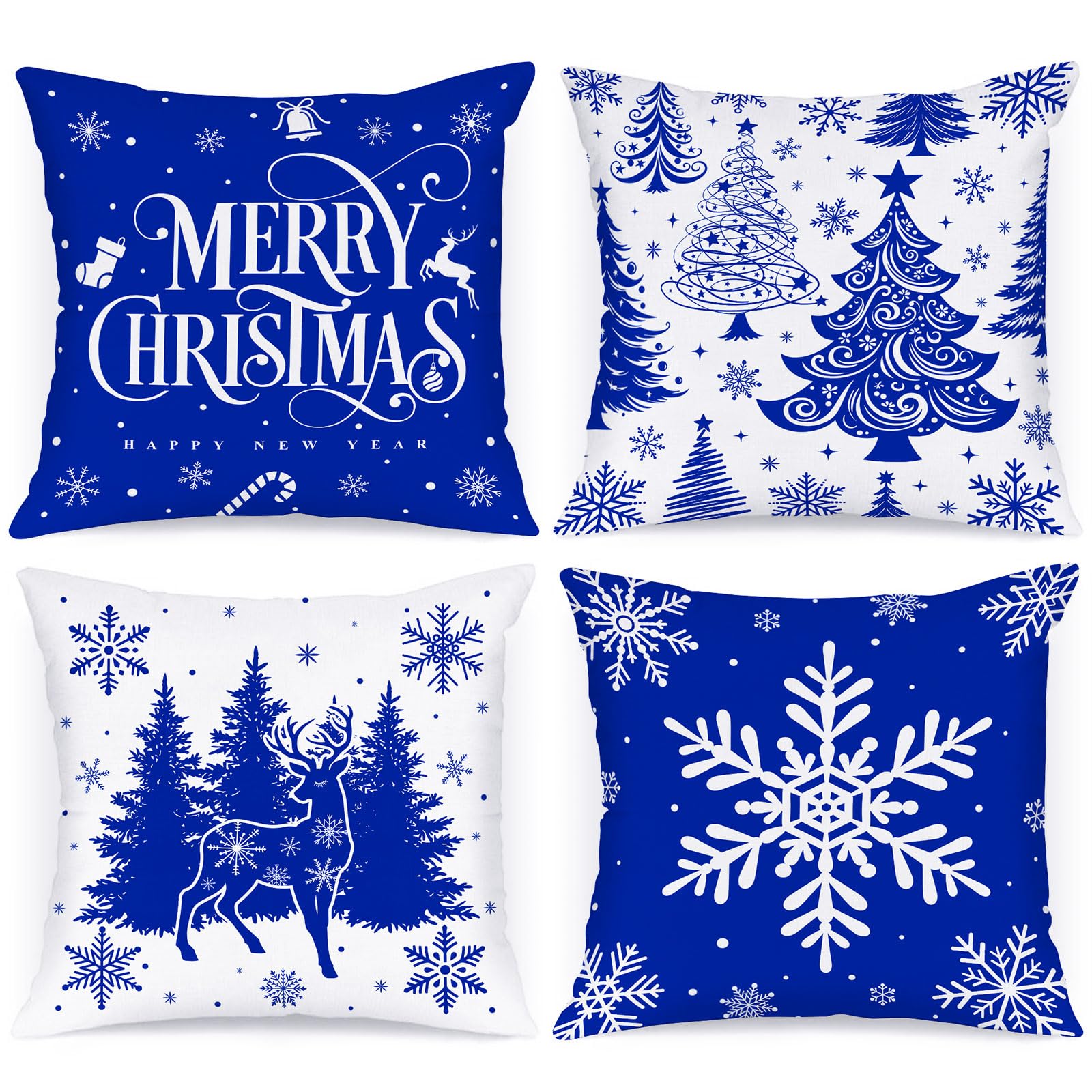 Lanpn 20X20 Blue Christmas Pillow Covers Set Of 4, Christmas Decorations Pillowcase, Winter Decorative Pillow Case, Merry Christ
