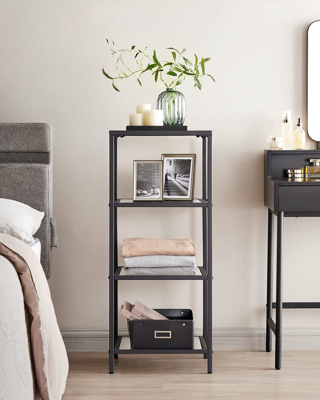 Vasagle Bookcase, 4-Tier Bookshelf, Slim Shelving Unit For Bedroom, Bathroom, Home Office, Tempered Glass, Steel Frame, Black Ulgt028B61