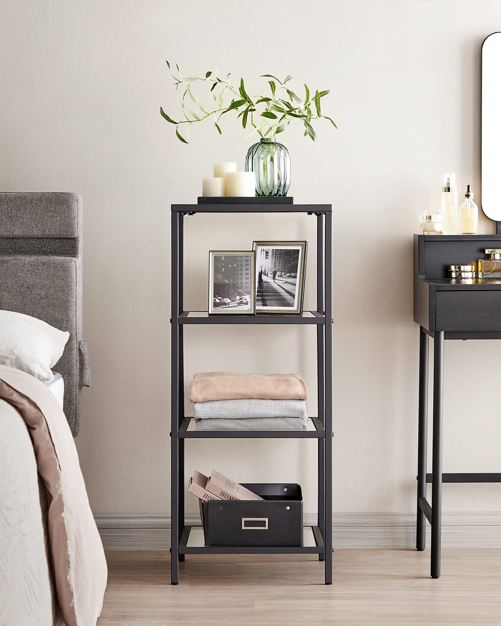 Vasagle Bookcase, 4-Tier Bookshelf, Slim Shelving Unit For Bedroom, Bathroom, Home Office, Tempered Glass, Steel Frame, Black Ulgt028B61