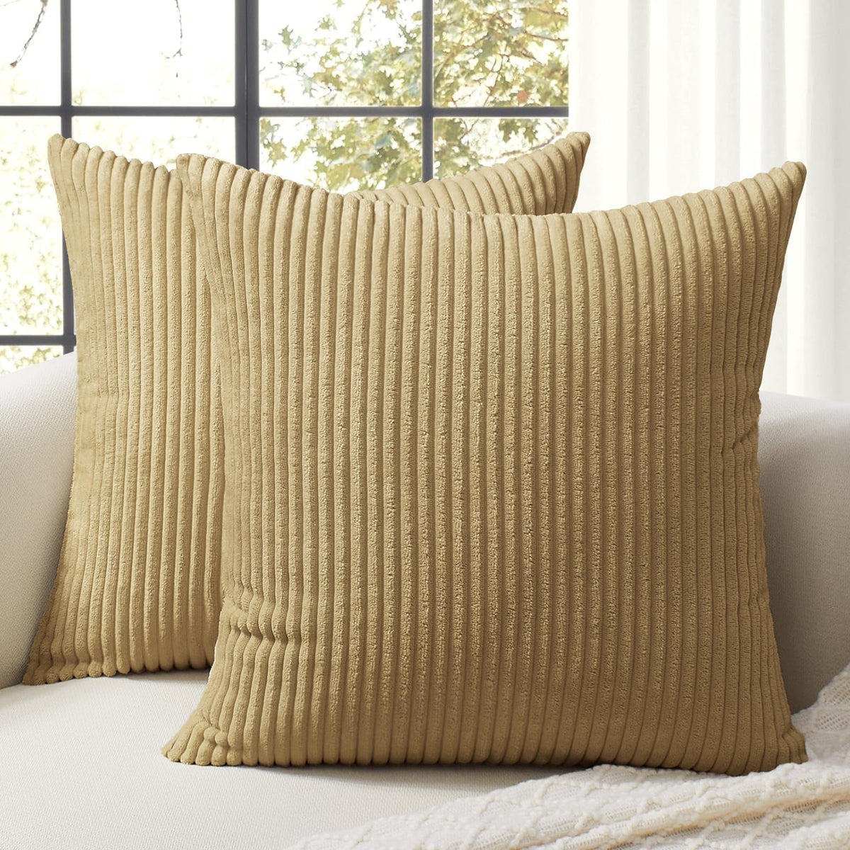 Softalker Corduroy Decorative Pillow Covers 20 X 20, Set Of 2 Soft Striped Throw Pillows Cover, Square Accent Pillow Cases Decor