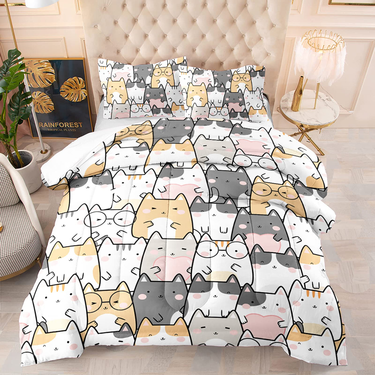 Qoomo Kawaii Cat Comforter Twin Size,Cats Comforter Set For Kids Teens Girls Boys,3Pcs Bedding Set Printed Comforter With 2 Pill