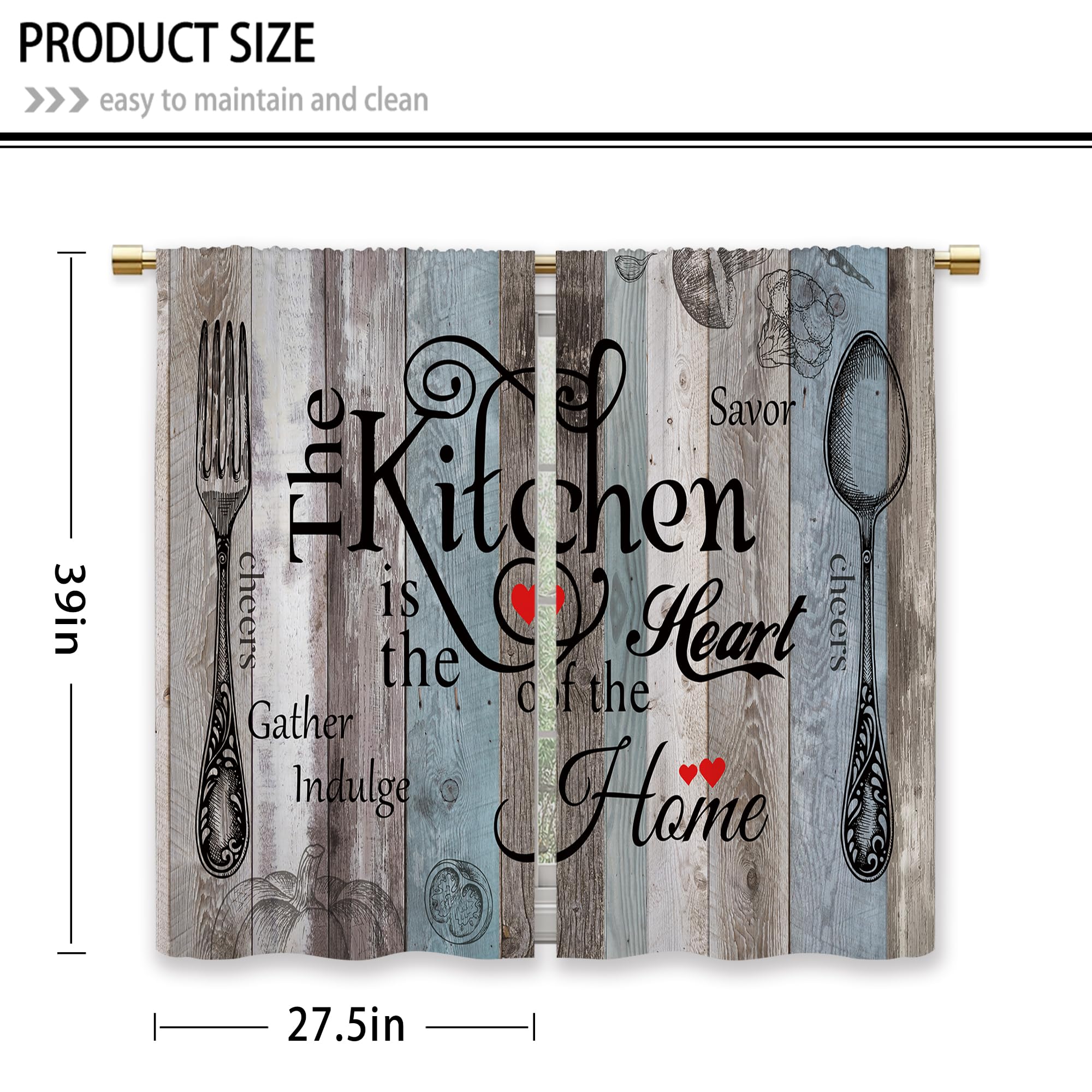 Laifzere Teal Blue Farmhouse Rustic Kitchen Curtains Wooden Wood Small Short Cafe Window Curtains Vintage Fork Spoon Retrobathro