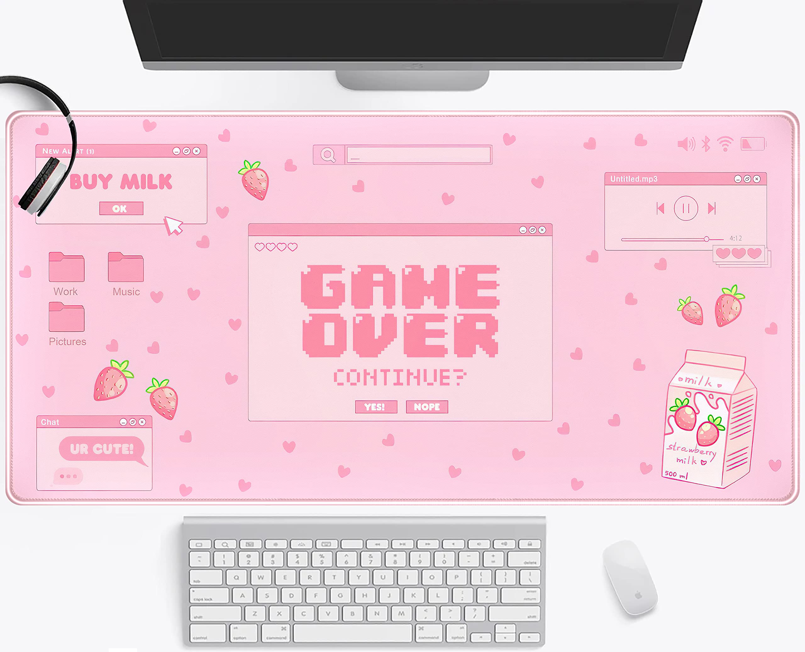 Pink Kawaii Anime Gaming Mouse Pad Xxl, Strawberry Milk Mousepad Large, Aesthetic Laptop Keyboard Mats, Full Desk Mouse Mat For