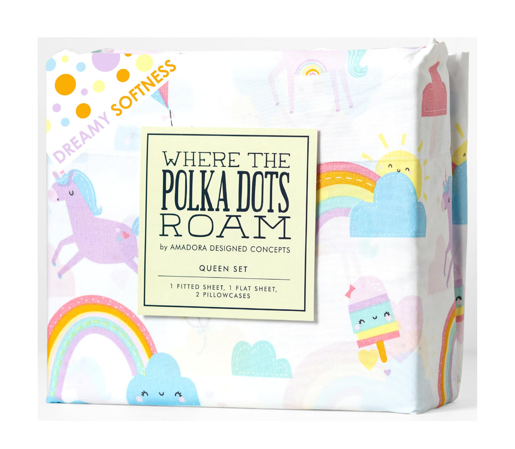 Where The Polka Dots Roam Rainbow And Unicorn 4 Pieces Full Bed Sheet Set |Super Soft Premium Bedding For Kids Room D  Cor, Bedd