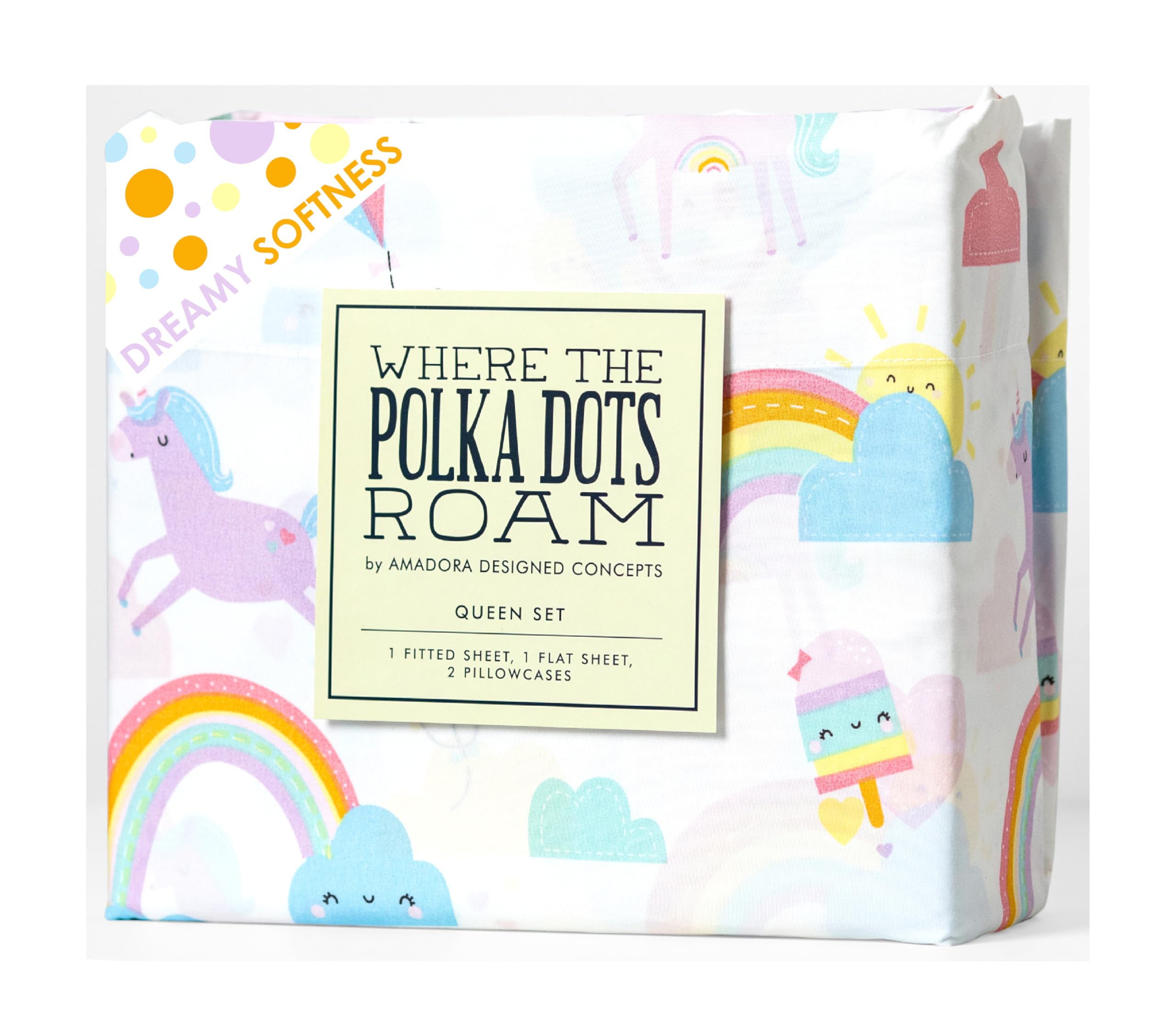 Where The Polka Dots Roam Rainbow And Unicorn 4 Pieces Full Bed Sheet Set |Super Soft Premium Bedding For Kids Room D  Cor, Bedd