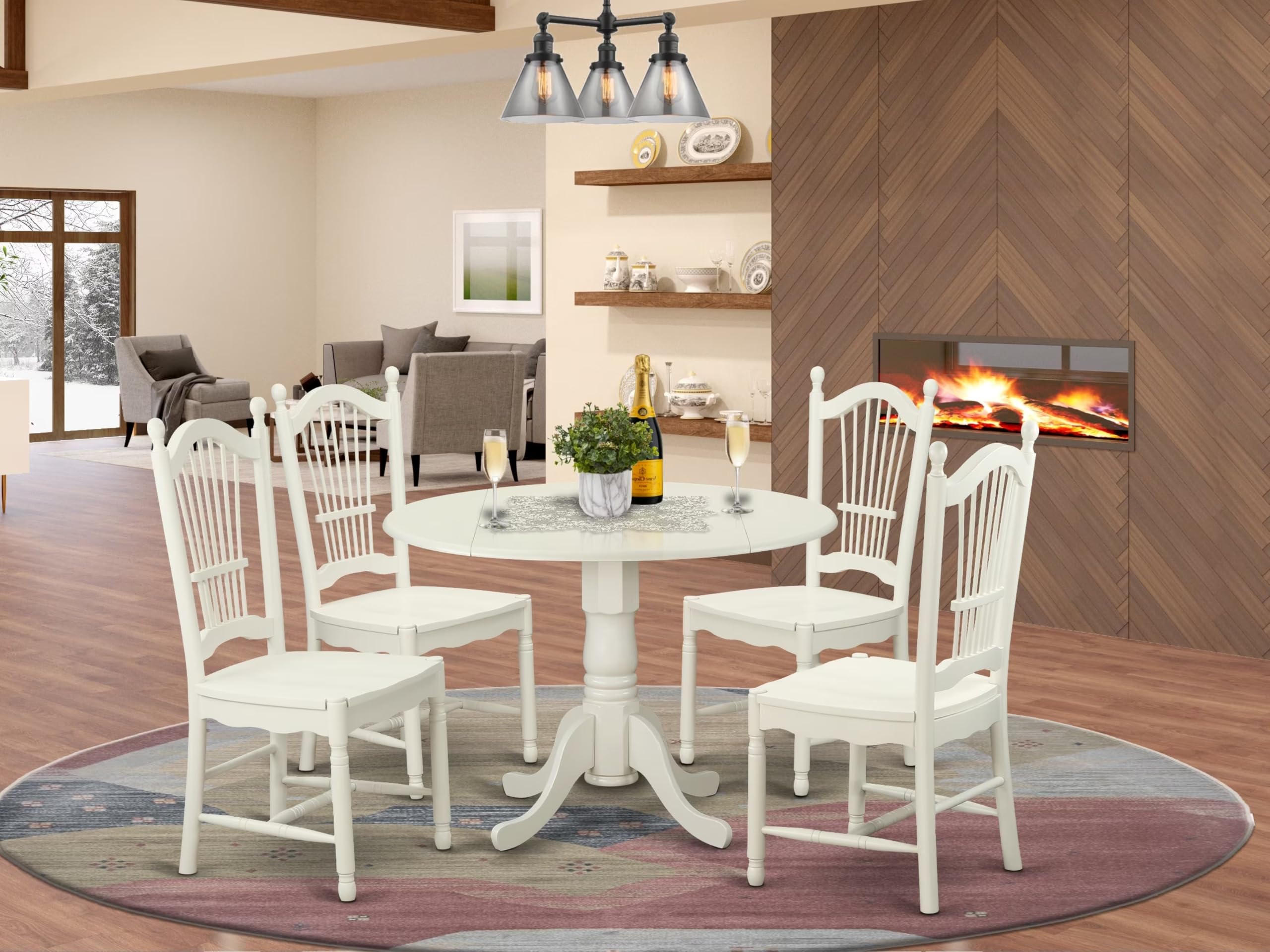 East West Furniture DLDO5-WHI-W Dublin 5 Piece Room Set Includes a Round Kitchen Table with Dropleaf and 4 Dining Chairs, 42x42 Inch, Linen White