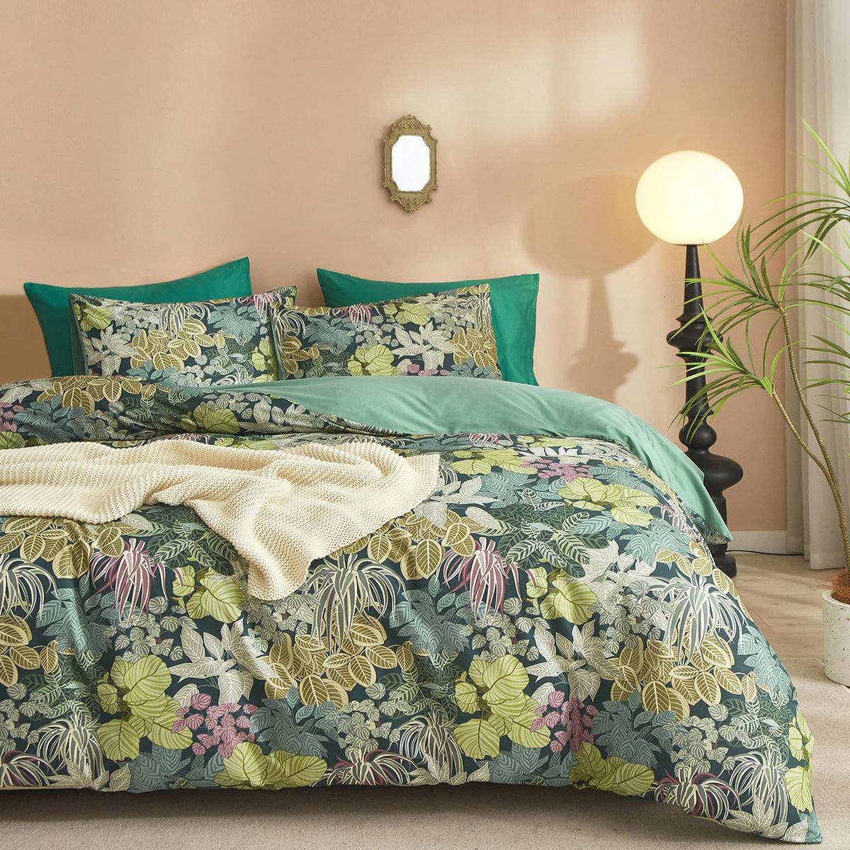 Mixinni 100% Cotton Tropical Botanical Green Leaves Duvet Cover Queen Tree Plant Print Leaf Duvet Cover 3Pcs Bedding Set 1 Duvet