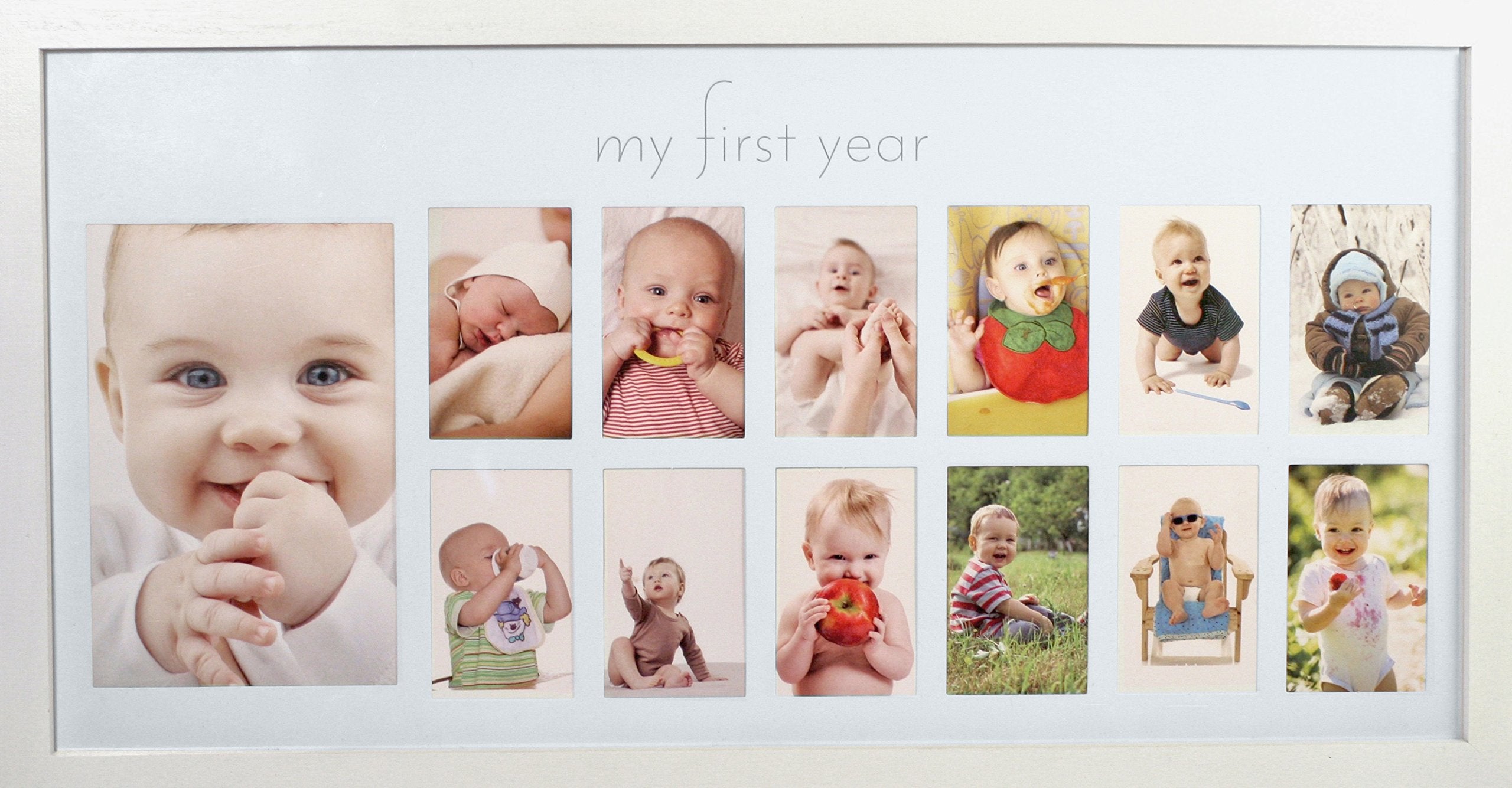 Babys First Year Frame in Elegant White Natural Wood - My First Year Baby Picture Frame for Photo Memories (White)
