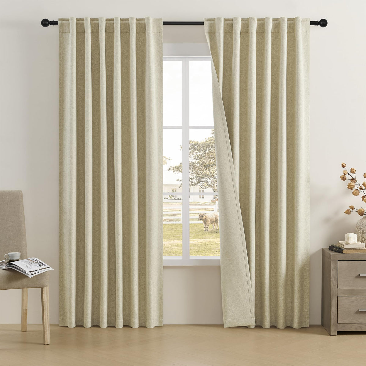 Dualife Faux Linen Blackout Curtains 80 Inch Long,Farmhouse Pinch Pleated Back Tab Rod Curtains Room Darkening Thermal Insulated