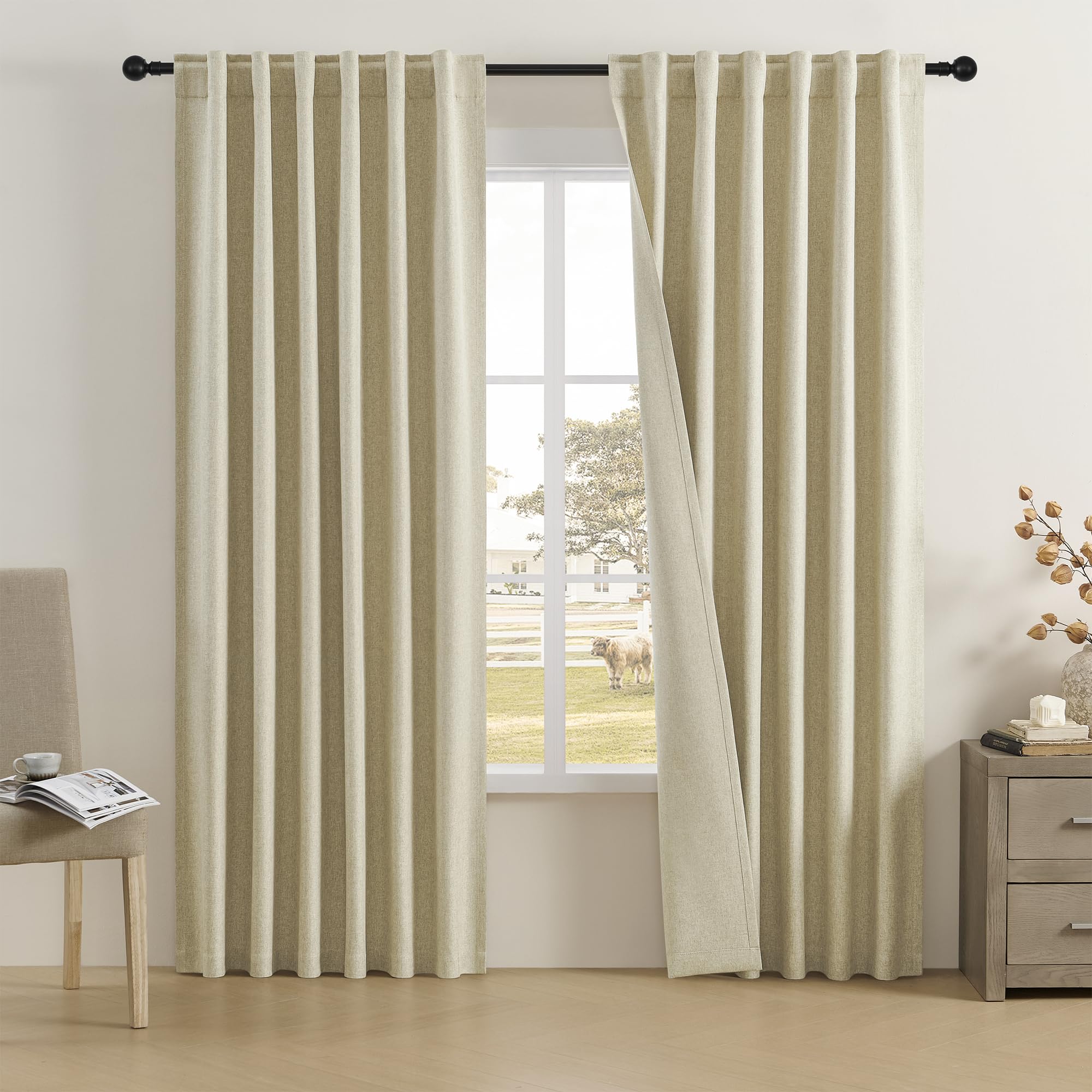 Dualife Faux Linen Blackout Curtains 80 Inch Long,Farmhouse Pinch Pleated Back Tab Rod Curtains Room Darkening Thermal Insulated