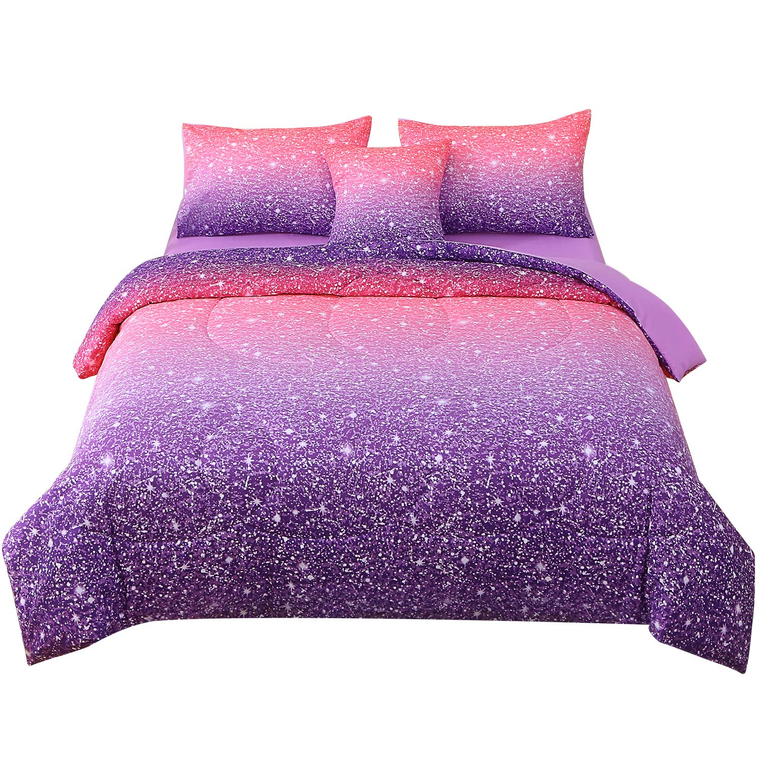 Jqinhome Full Size Pink Purple Comforter Set, 6 Piece Bed In A Bag 3D Colorful Bedding Set For Girls Women