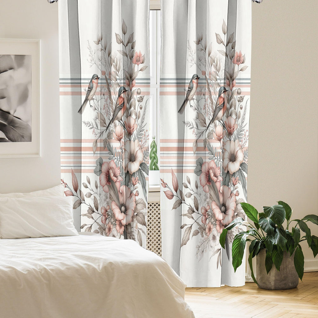 Ambesonne Birds And Nature Window Curtains Pack Of 2, Autumnal Composition Of Muted Leafy Floral With Sparrowbird, Lightweight S