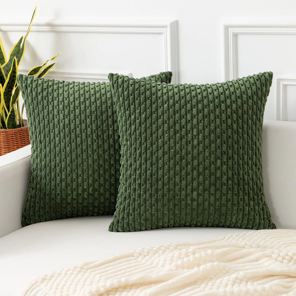 Kevin Textile Throw Pillow Covers Soft Corduroy Decorative Set Of 2 Boho Striped Christmas Pillow Covers Pillowcases Farmhouse Home Decor For Couch Bed Sofa Living Room 16X16 Inch Moss Green