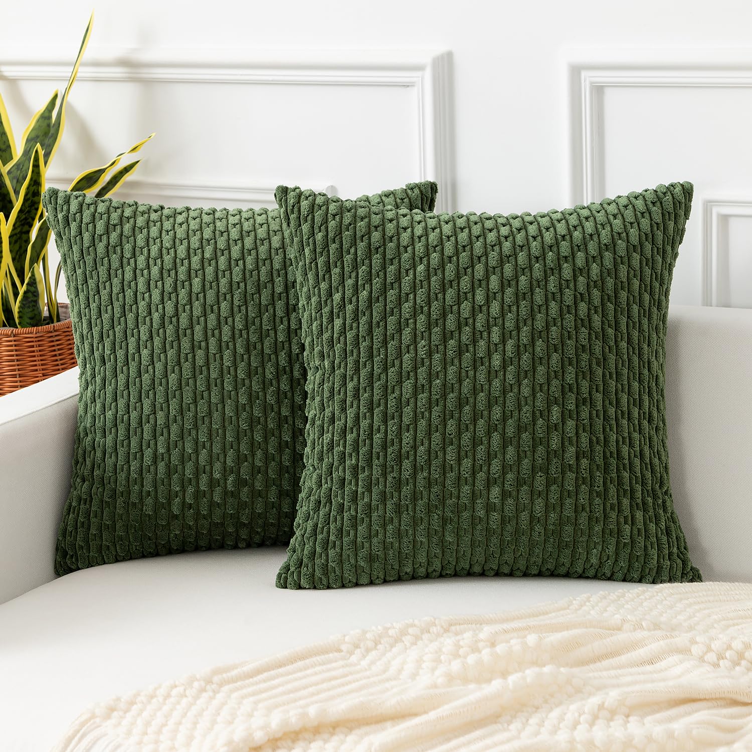 Kevin Textile Throw Pillow Covers Soft Corduroy Decorative Set Of 2 Boho Striped Christmas Pillow Covers Pillowcases Farmhouse Home Decor For Couch Bed Sofa Living Room 16X16 Inch Moss Green