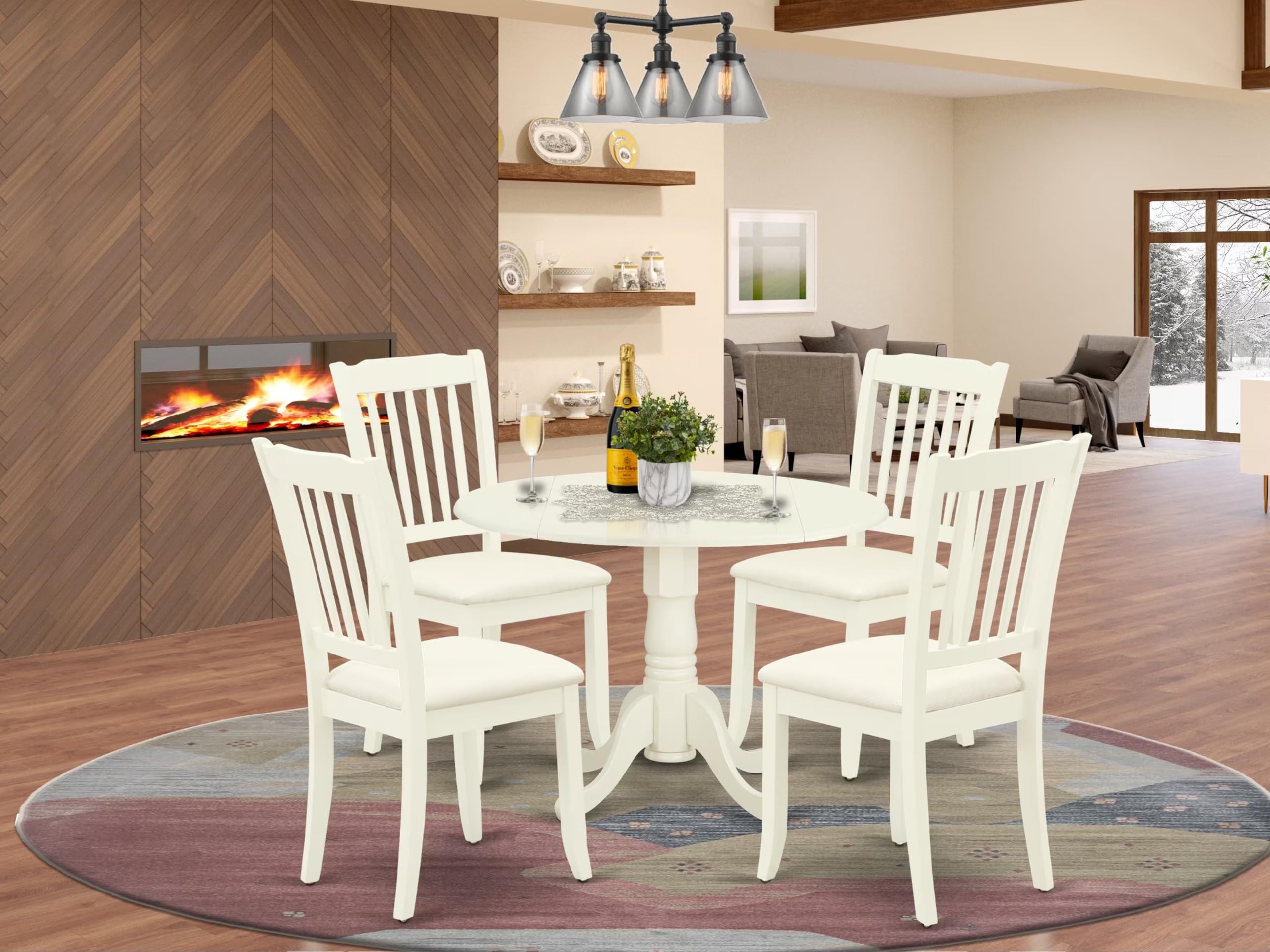 East West Furniture Dlda5-Whi-C 5 Piece Dining Set Includes A Round Dining Room Table With Dropleaf And 4 Linen Fabric Upholstered Chairs, 42X42 Inch, Linen White
