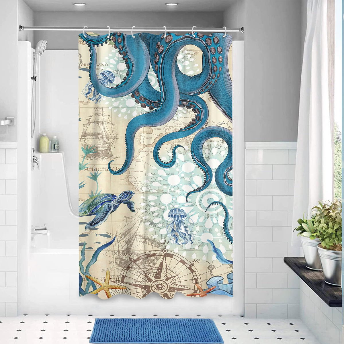 Aipon Nautical Octopus Shower Curtain Ocean Sea Turtle Beach Coastal Blue Fish Seashell Jellyfish Theme Waterproof Fabric Shower