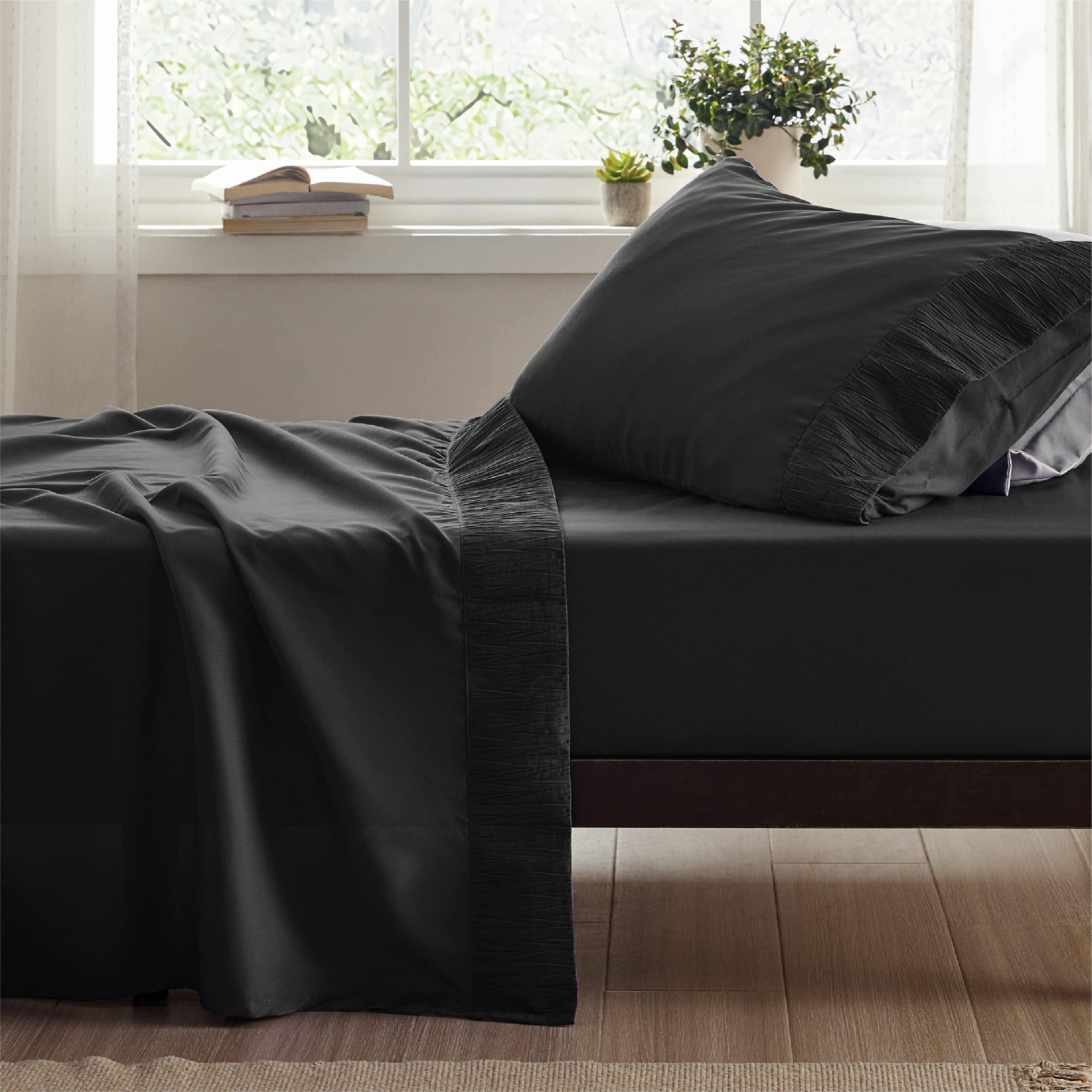 Bedsure Twin Sheets Set Black - Soft Twin Bed Sheets, 3 Pieces Hotel Luxury Twin Sheets, Easy Care Polyester Microfiber Cooling