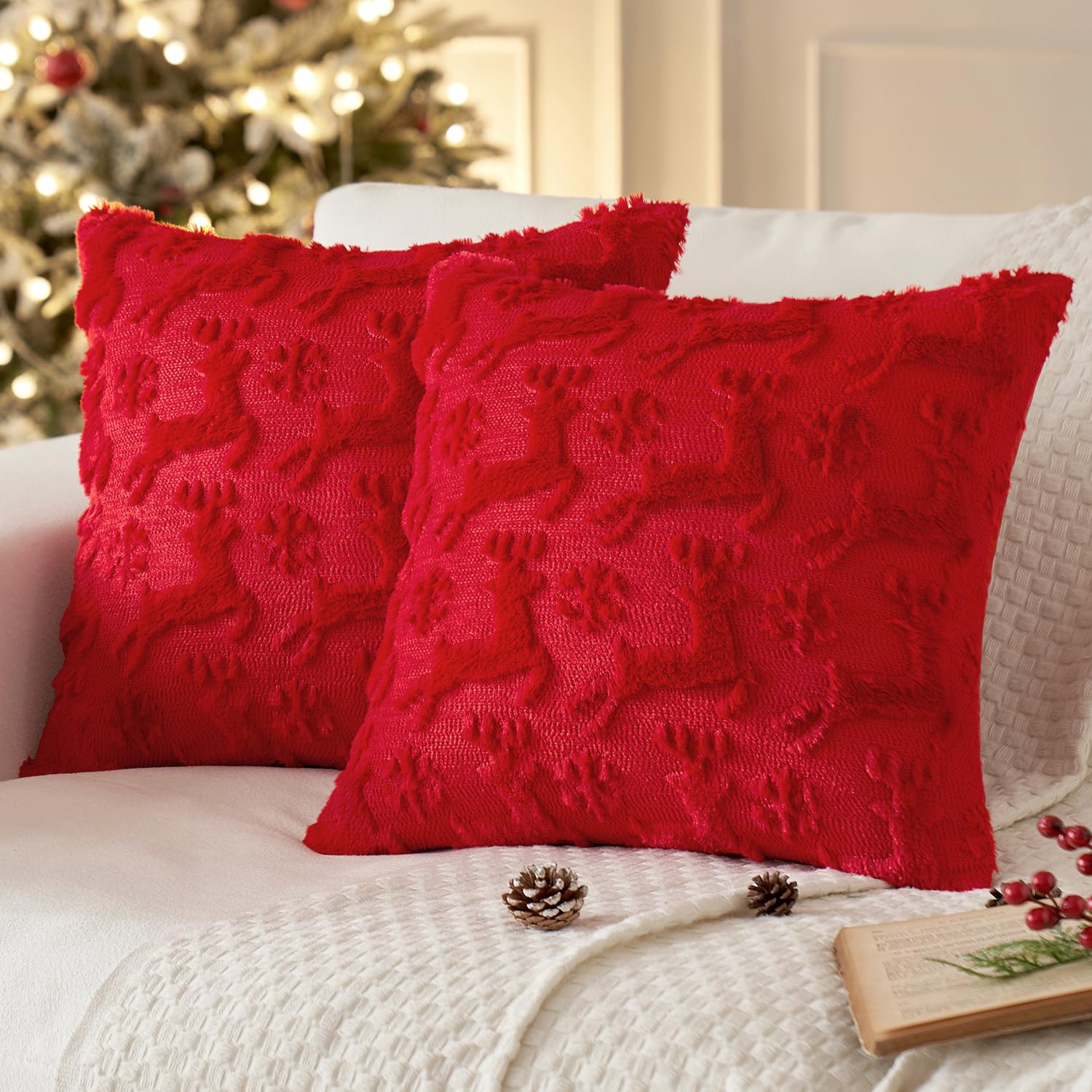 Miulee Christmas Reindeer And Snowflakes Pillow Covers 18X18 Inch Red Throw Pillows Set Of 2 Decorative Soft Fluffy Winter Pillo