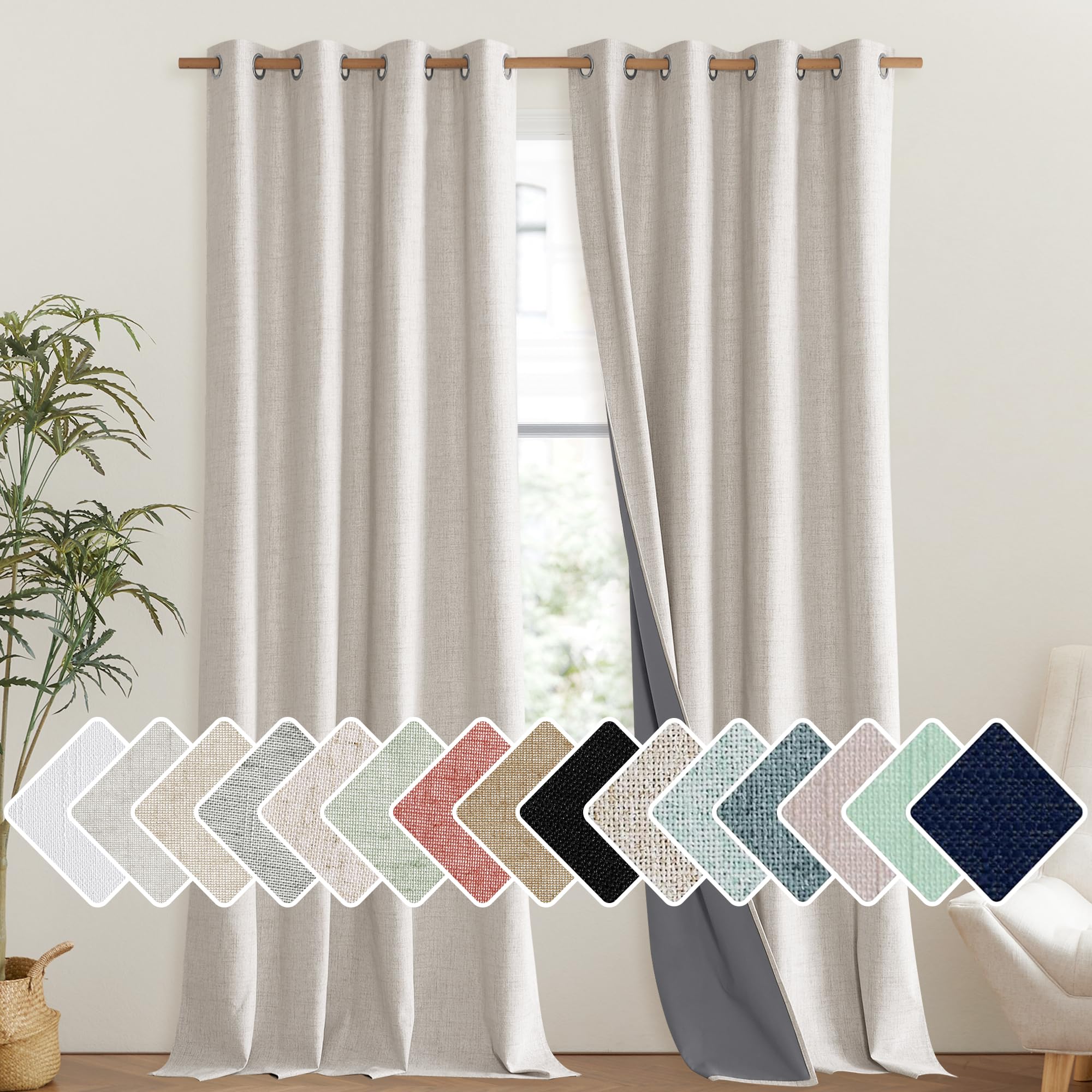 NICETOWN Brich Vintage Open Linen Weave Flax Thermal Curtains, 100% Blackout Curtains 108 Long for Dining Room, Soundproof Windo