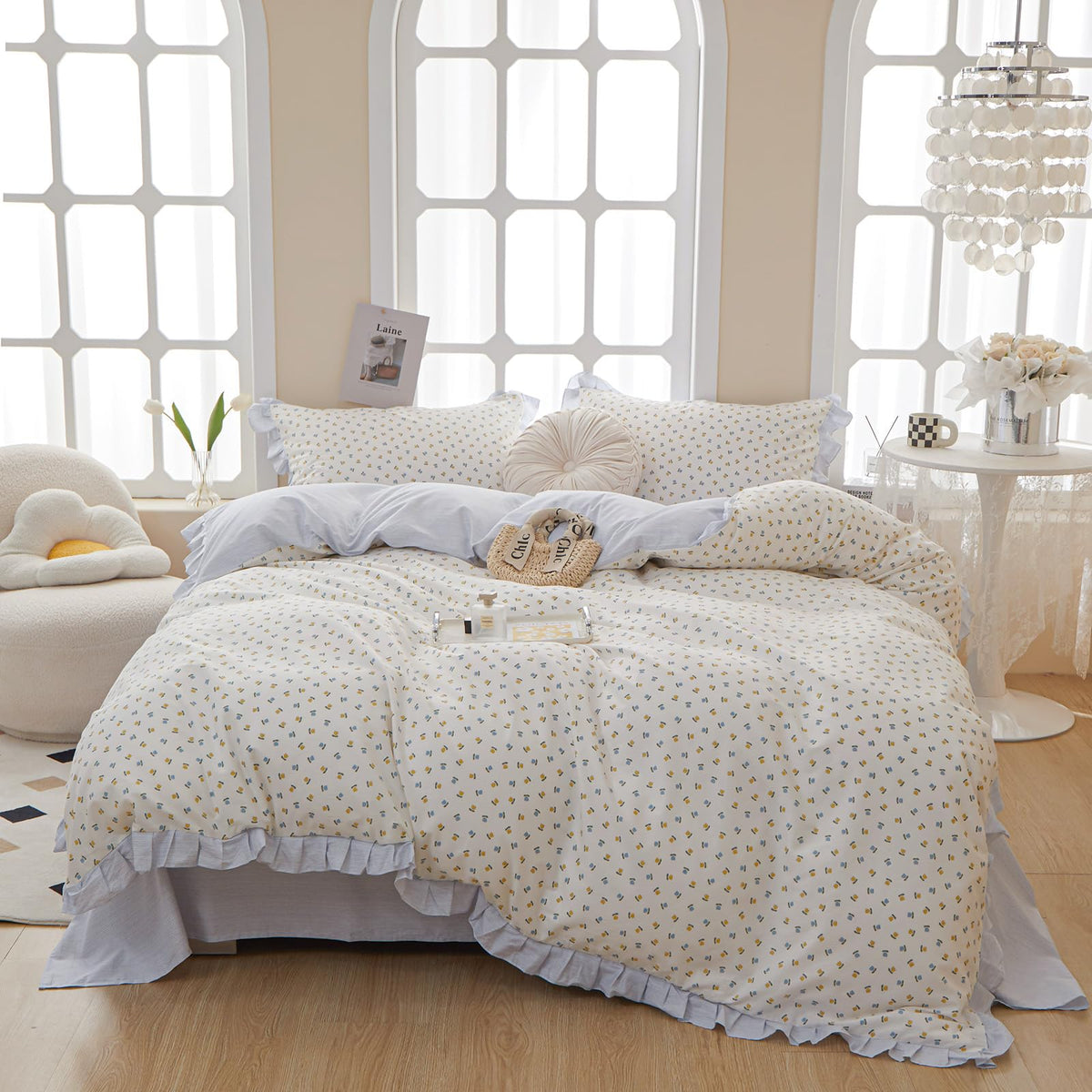 Motntd Floral Duvet Cover Queen Blue Ruffle Cotton Queen Size Comforter Cover Aesthetic Farmhouse Boho Cute Duvet Cover Set With