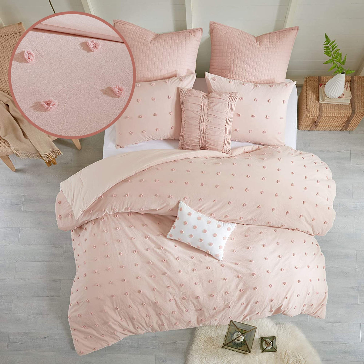Urban Habitat Cotton Comforter Set Pink Jacquard Tufts Pom Pom Shabby Chic Boho Comforter Set Queen All Season Bedding Winter Be