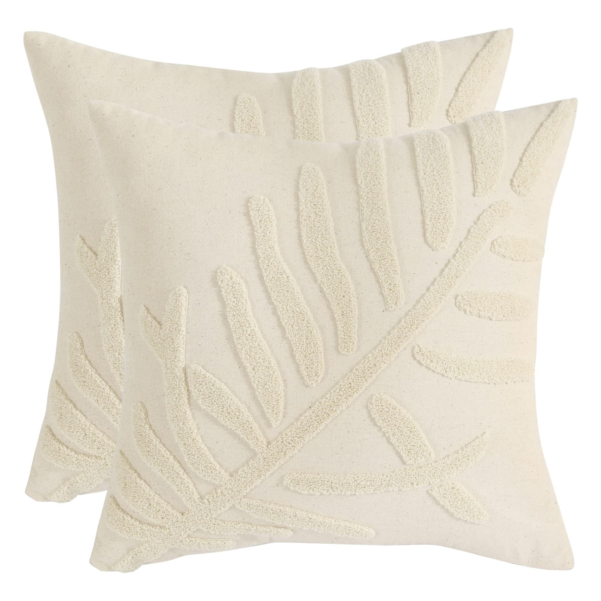 Tosleo Decorative Pillowcases 18X18 Inch Pack Of 2 Beige Tropical Leaf Embroidered Throw Pillow Covers Farmhouse Cotton Pillow C
