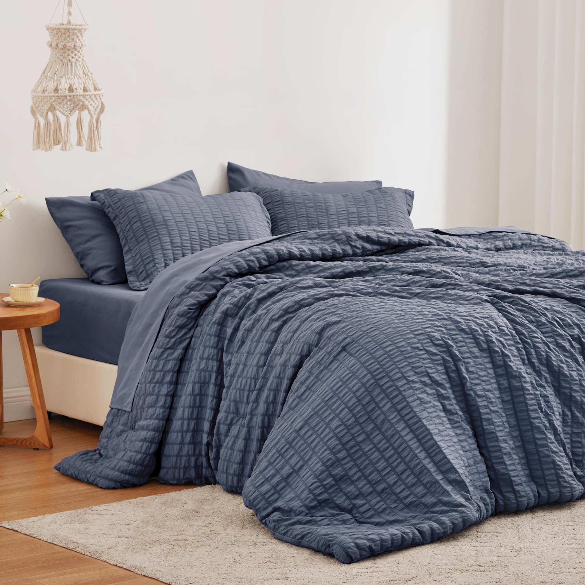 Love'S Cabin Seersucker Navy Blue California King Comforter Set, 7 Pieces California King Bed In A Bag, All Season Bedding Sets With Comforter, Flat Sheet, Fitted Sheet, Pillowcase And Pillow Sham