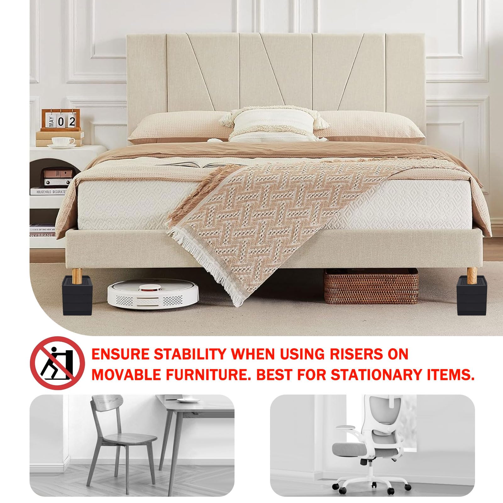 Annkut Bed Risers 3 Inch Heavy Duty,Furniture Risers For Desk Table Sofa Couch Lifts To 1.5 Or 3 Inch, Square Adjustable Risers