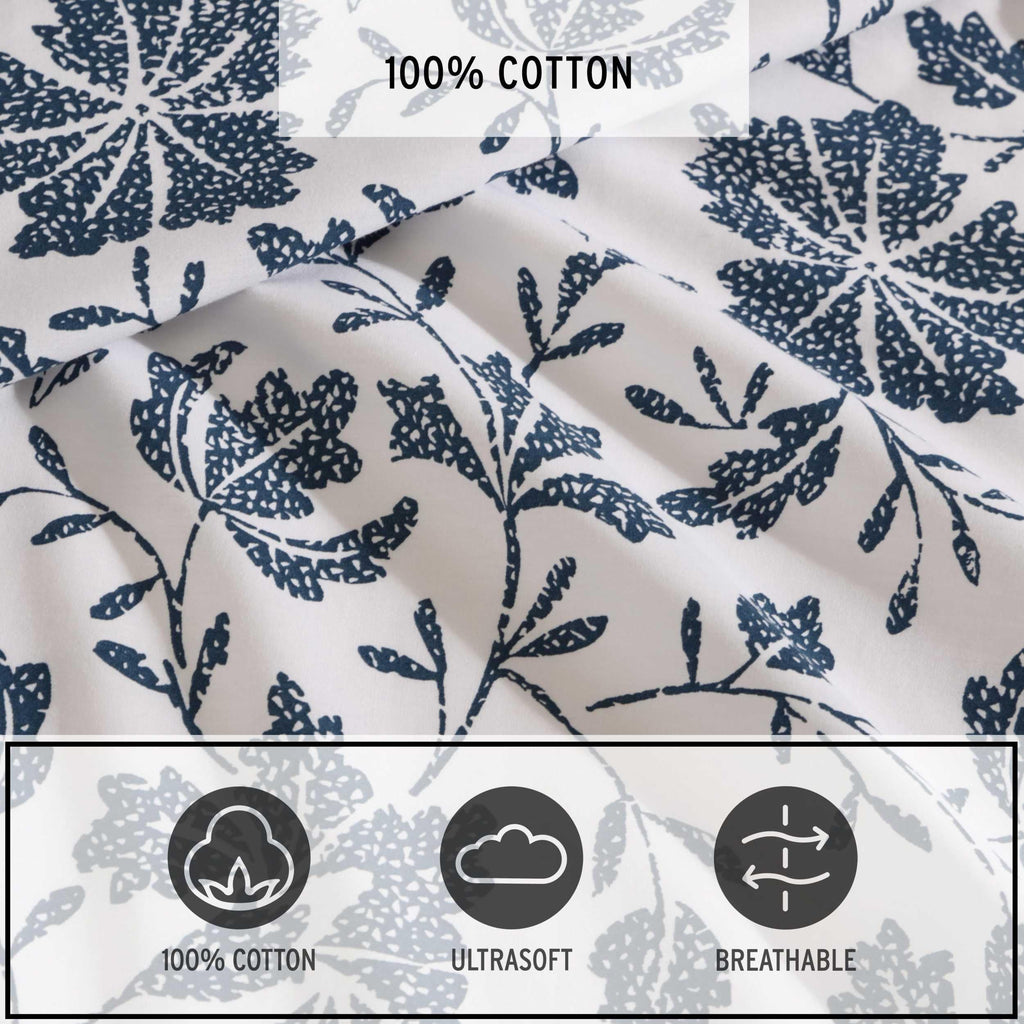 Eddie Bauer - King Sheet Set, Premium Cotton Percale Bedding Set, Floral Home Decor, Oeko-Tex Certified (Woodblock Floral Blue, King)