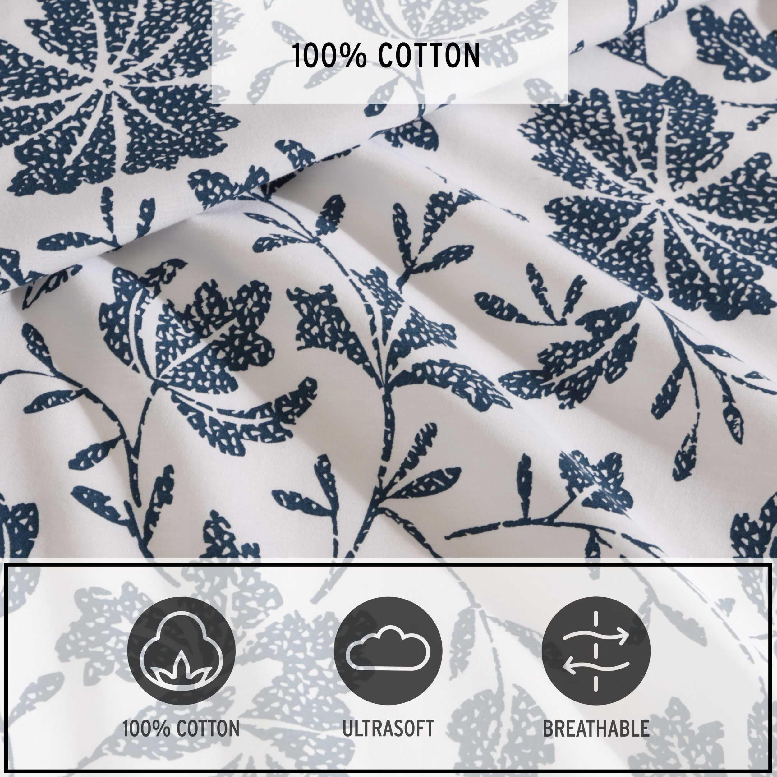 Eddie Bauer - King Sheet Set, Premium Cotton Percale Bedding Set, Floral Home Decor, Oeko-Tex Certified (Woodblock Floral Blue, King)