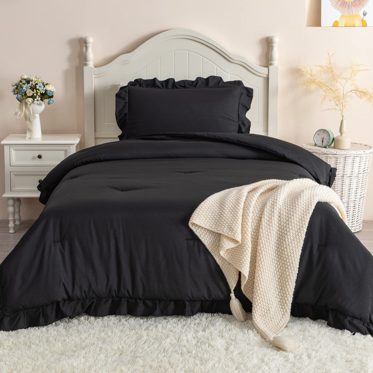 Andency Twin Size Comforter Set Black, 2 Pieces Kids Bedding Comforter Set For Twin Bed, Ruffle Farmhouse Shabby Chic Soft Micro