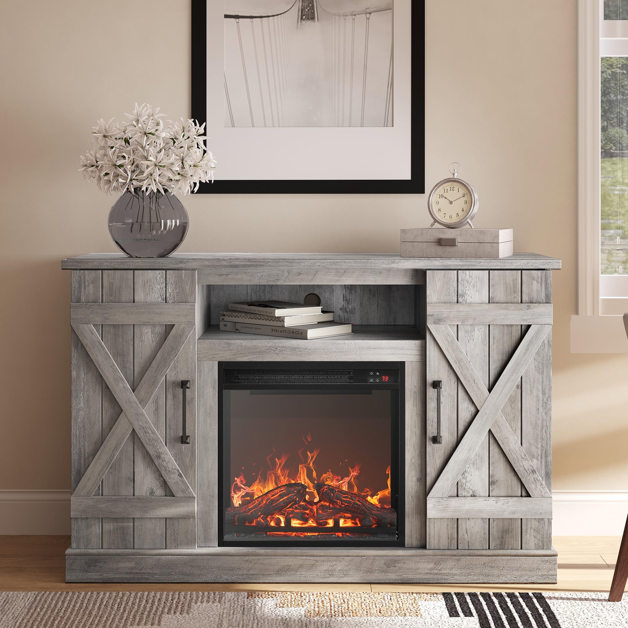 Belleze 47' Tv Stand With 18' Electric Fireplace Heater & Media Entertainment Center Console Table For Tv Up To 50' With Open Storage Shelves & Cabinets - Veropeso (Grey Wash)