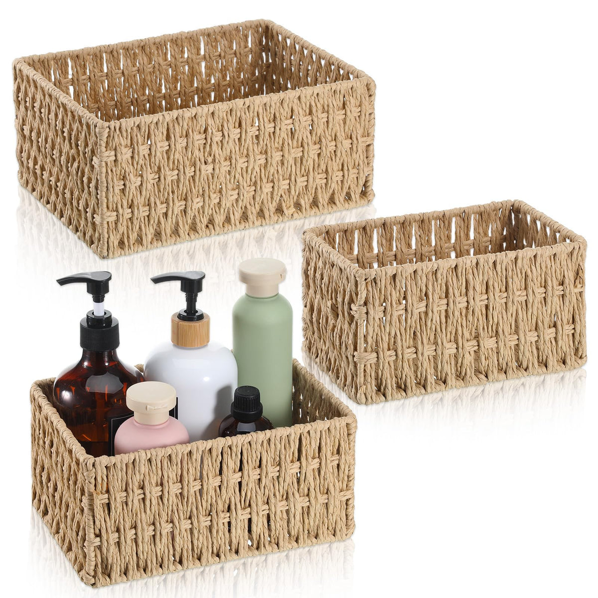 3 Pack Wicker Baskets for Organizing, Toilet Tank Basket for Bathroom, HandWoven Paper Rope Wicker Baskets, Toilet Paper Storag