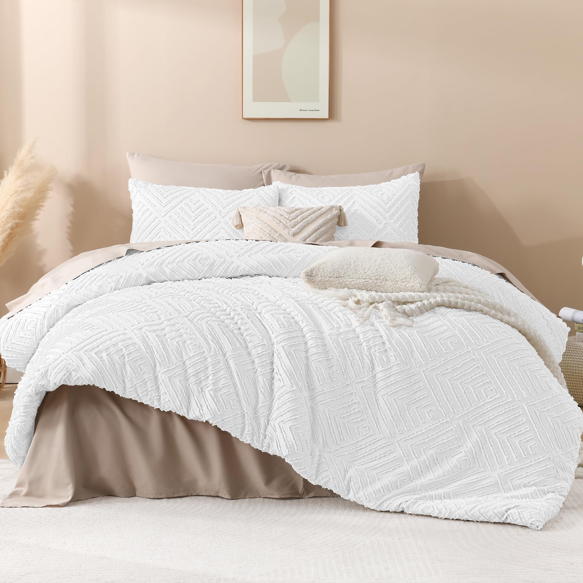 Andency White Comforter Set Queen Size, Boho Lightweight Fluffy Bedding Comforter Sets For Queen Bed, 3 Pieces Tufted Farmhouse Shabby Chic Bed Set For All Seasons(1 Comforter 90X90In, 2 Pillowcases)