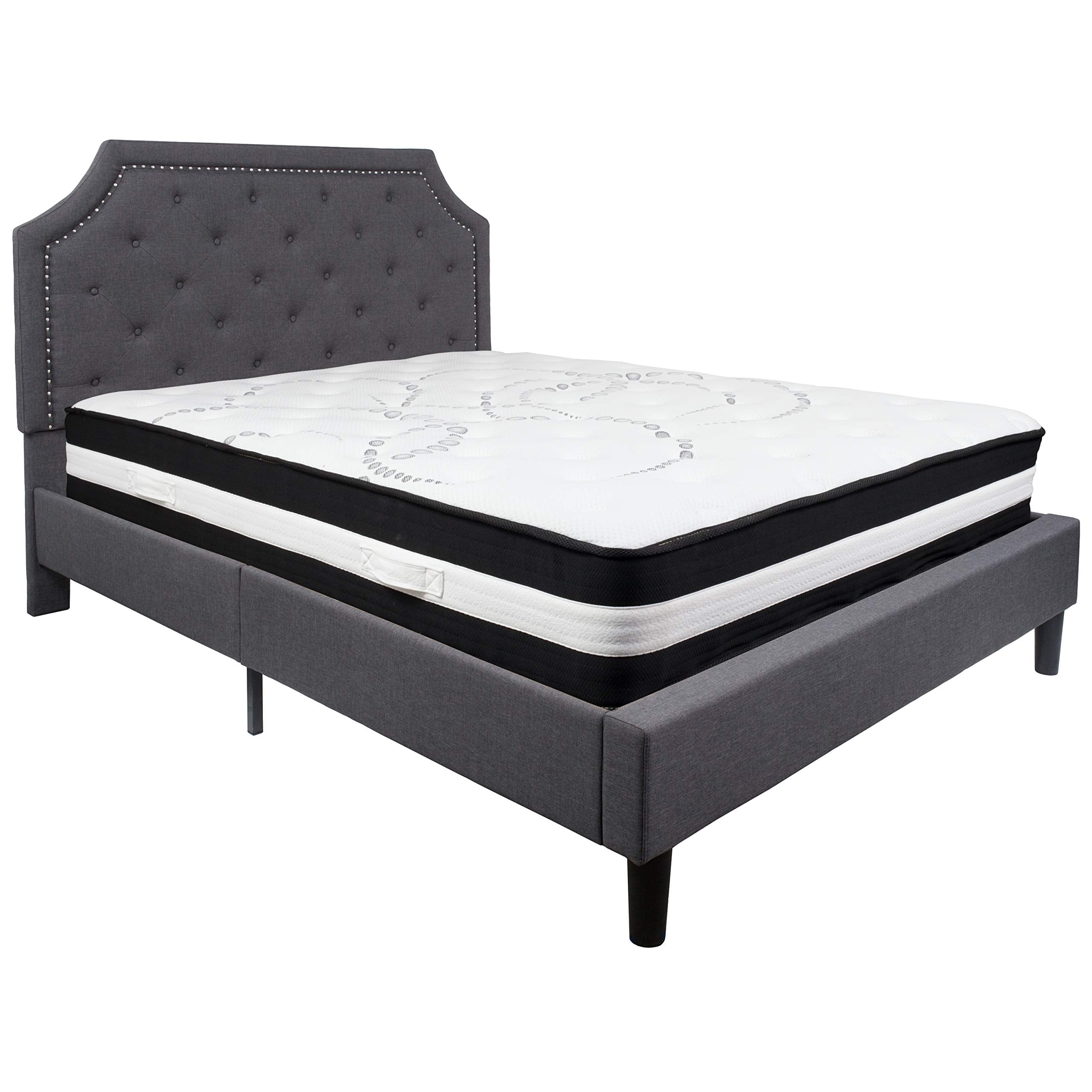 Flash Furniture Brighton Queen Size Tufted Upholstered Platform Bed In Dark Gray Fabric With Pocket Spring Mattress