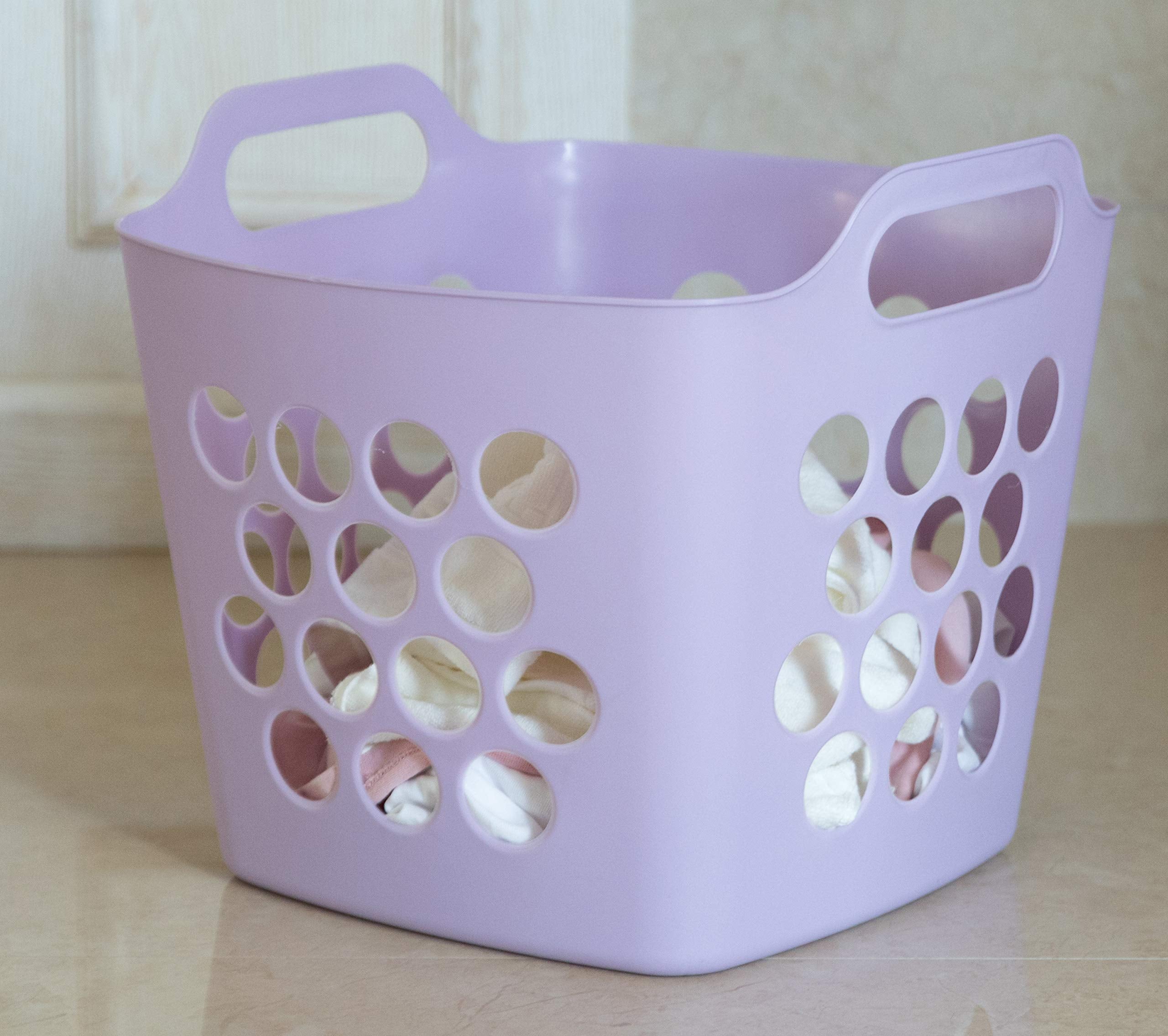 Flexible Plastic Carry Laundry Basket Holder Square Storage Hamper With Side Handles (Purple)