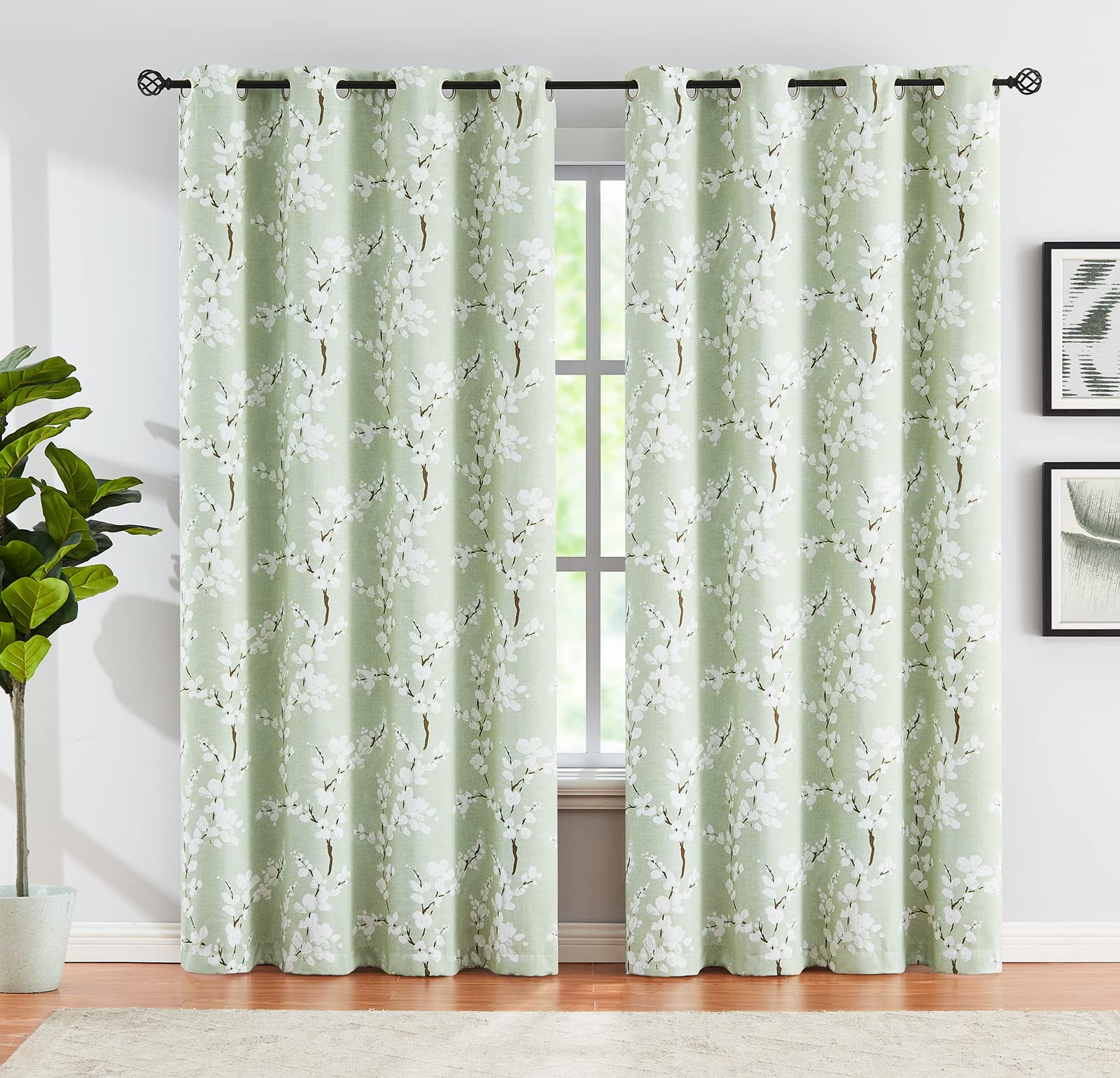 Green White Blackout Curtains for Bedroom Living Room 84 inch Long Country Floral Print Thermal Insulated Full Blackout Drapes R